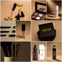 Load image into Gallery viewer, makeup brushes, bronzer blush highlighter palette, brow pencil, setting powder, setting spray, lip gloss, tinted spf sunscreen, hydrating face oil